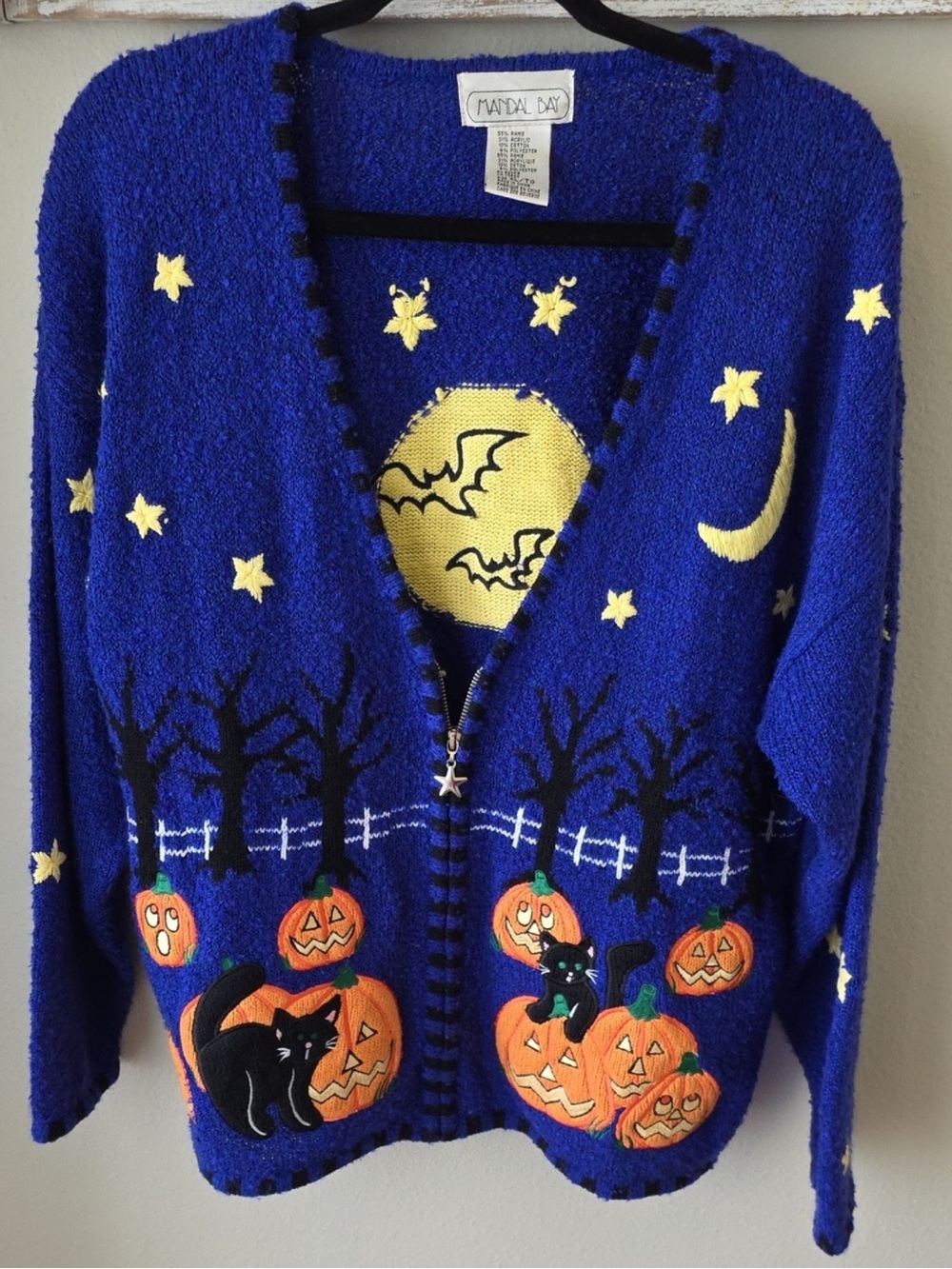 Mandal Bay Vintage 90s Halloween Zip Knit Cardigan Pumpkin Black Cat Bats XL